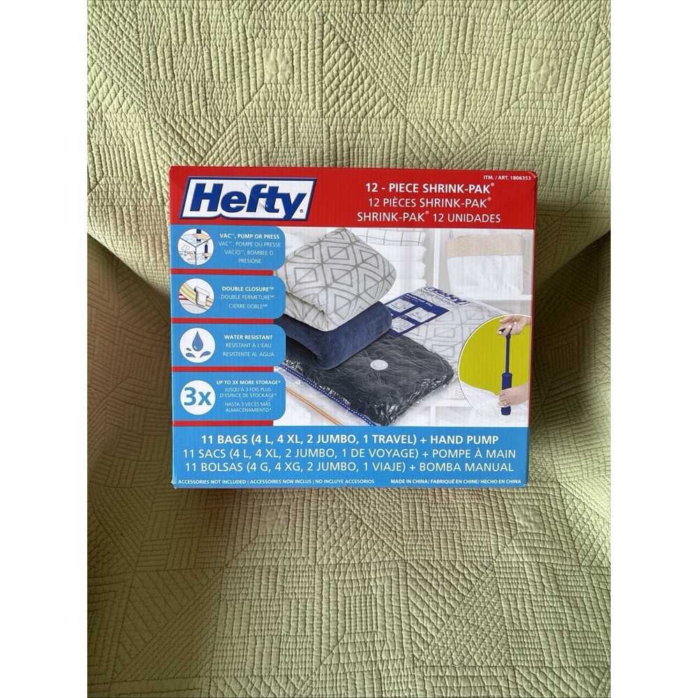 Hefty Shrink Pak 12PC Vacuum Storage Bags Variety Pack Assorted Hand Pump Includ